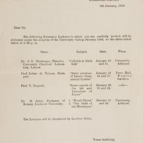 H. A. Ansari meghívólevele az Osmania University 1936. januári előadásaira