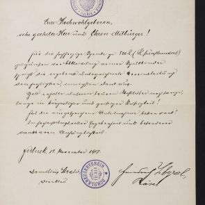 Letter of acknowledgement of the Fulnek "Schulkreuzverein" to Frenc Hopp, thanking him for the 500 crowns he sent them
