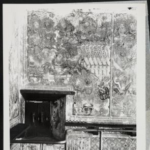 A Rámájana jelenetét ábrázoló falfestmény fekete-fehér fotója