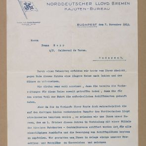 Letter of the Norddeutscher Lloyd Bremen Kajüten Bureau to Ferenc Hopp