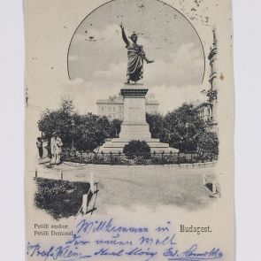 Móryék társaságának képeslapja Hopp Ferencnek Pestről New Yorkba