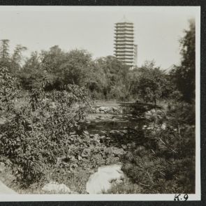 Részlet a Yuanmingyuan parkból, háttérben a Peking Egyetem pagoda alakú víztornya, Peking