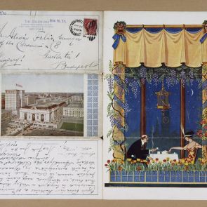 Hopp Ferenc és Jules Roth által Félix Aladárnak címzett, A4-es méretűre szétnyitható, levelezéshez nyomtatott szállodai étlap New Yorkból