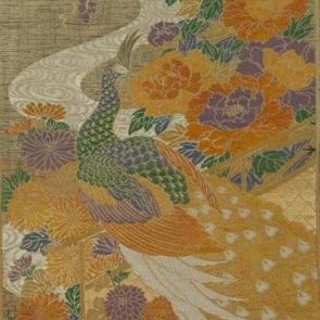 Japanese obi design sample with peacock and colourful flowers (peony, chrysanthemum, iris)