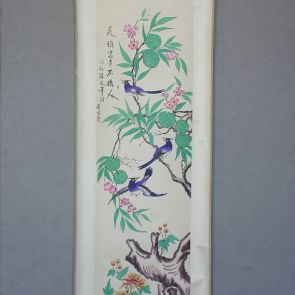 Scroll painting: Tiny birds among fruit tree branches.