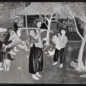 Black and white photo of Ho Quang in a rural scene