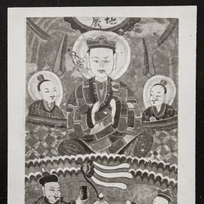 Black and white photo of a paper painting depicting a Buddhist story