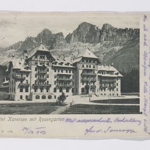 Ferdinánd Somogyi's postcard to Ferenc Hopp from Karersee (Lago di Carezza)
