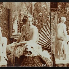 Willi Peters: young man (lady ?) in Greek costume, bending over a bearskin.