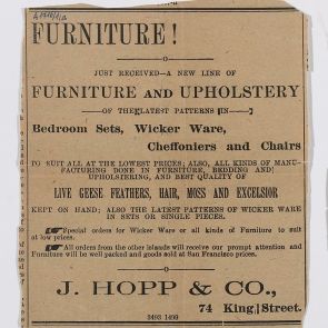 Újságkivágat Hopp Ferenc névrokona, J. Hopp&Co. bútorüzletének reklámjáról, Honoluluból