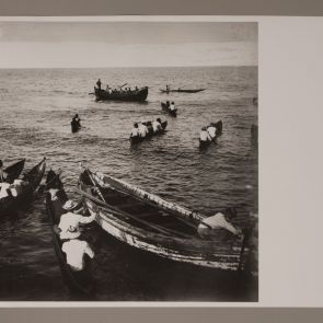 Boats at sea in front of the port of Monrovia, Liberia, 1899