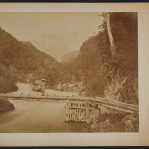 Emil Némethy's bequest: Wooden bridge standing on stones, with a Japanese man wearing a hat