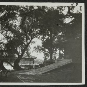 Fák, pavilon, hűsellő a tóparton, Peking