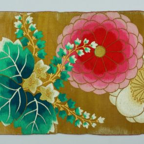 Japanese obi design sample with two huge flowers (pink and white) and blue kiri flower