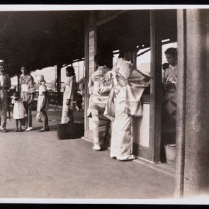 Ladies wearing kimonos at the train station