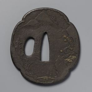Tsuba (sword guard) with two slots, decorated with landscapes: on one side, two figures on a bridge, and on the other side, people sitting in a boat