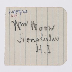 A note as a business card: Mr. Woon, Honolulu, H.I.