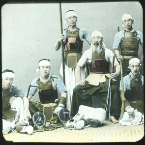 Japanese stick fighters with their master