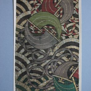 Textile pattern - Geometrical cord and circle motifs woven in brown, green, claret, and grey colour, and with gold thread