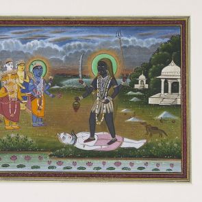 Az istenek hódolnak a Siván álló Bhadrakálí (Védelmező Kálí) előtt