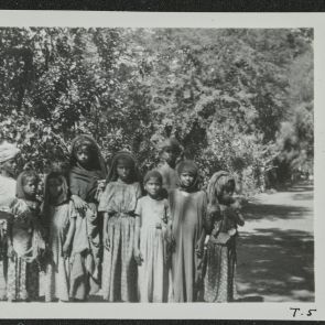 Nyolc kislány és egy fiúcska csoportképe árnyas fák alatt