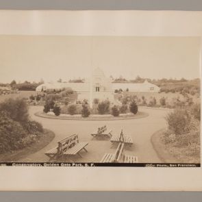 Photograph from a memorial scrapbook album from California: Conservatory, Golden Gate Park, S. F.