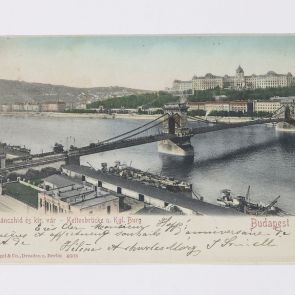 Postcard of the Mórys and [János] Szinell to Ferenc Hopp addressed from Pest to the deck of the passenger steamer Karlsruhe
