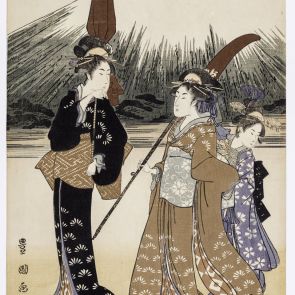 Merry geishas mimicking the process of a Daimyo, with Mount Fuji in the background (mitate-e)