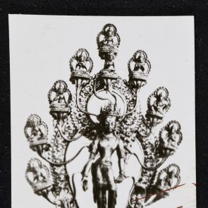 Entourage of a crowned Buddhist deity, black and white photo