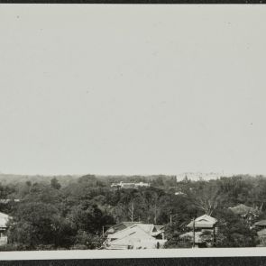 Tokiói látkép, sűrű lombok és háztetők egy emeleti ablakból, Tokyo