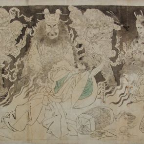 Sketch of a woodblock print - Triptych, mythological scene with several figures