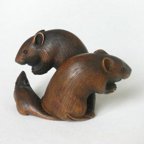 Netsuke: Two large mice and one small one