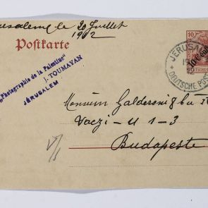 Business postcard of photographer I. Toumayan from Jerusalem addressed to Ferenc Hopp at Calderoni and Co.