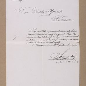 Letter of Károly Kammermayer, mayor of Budapest, to Henrik Jurány, enclosed with his letter to Ferenc Hopp for his jubilee of 50 years at Calderoni and Co.