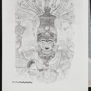 Black and white photo of a mural of Vishnu