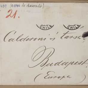 Ferenc Hopp's message written to Calderoni and Co. on the back of an envelope which has a stamp of Valparaiso Chile on it