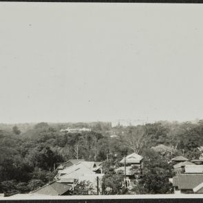 Tokiói látkép, sűrű lombok és háztetők egy emeleti ablakból, Tokyo