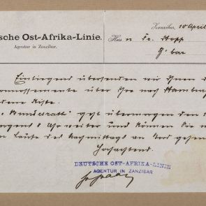 Notification of Deutsche Ost-Afrika-Linie about the shipment of Ferenc Hopp's chests to Hamburg with the ship "Bundesrath"