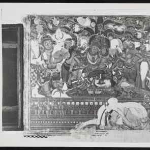 Black and white photo of a mural of Uma Maheswara