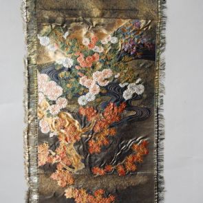 Japanese obi design sample with Japanese scenery of momiji tree, river and autumn flowers