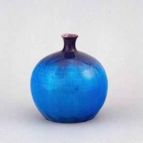 Spherical vase with turquoise blue and purple glaze