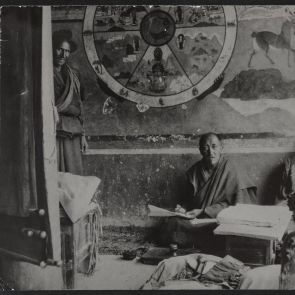 Lamas of the reformed sect, image of the wheel of life on the wall, Ladakh, 1928