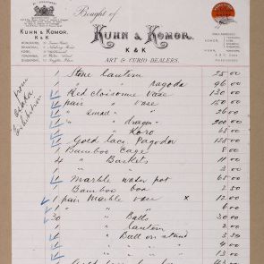 List of the objects purchased at the Osaka Exhibition, written on two invoice prints of the Kuhn & Komor company