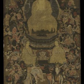 The historical Buddha accompanied by two bodhisattvas