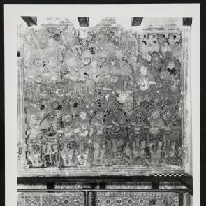 A Rámájana jelenetét ábrázoló falfestmény fekete-fehér fotója