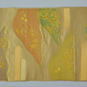 Japanese obi design sample with golden undulating background and flowers