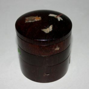 Three tiered cylindrical wooden incense container (kōbako) decorated with inlaid insects (bugs, cicada, butterflies and dragonflies)