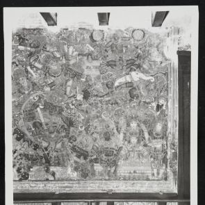 A Rámájana jelenetét ábrázoló falfestmény fekete-fehér fotója