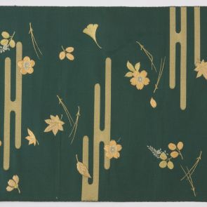 Japanese obi design sample with clouds and flowers in front of a dark emerald background