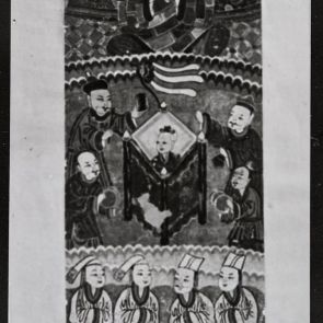 Black and white photo of a paper painting depicting a Buddhist story